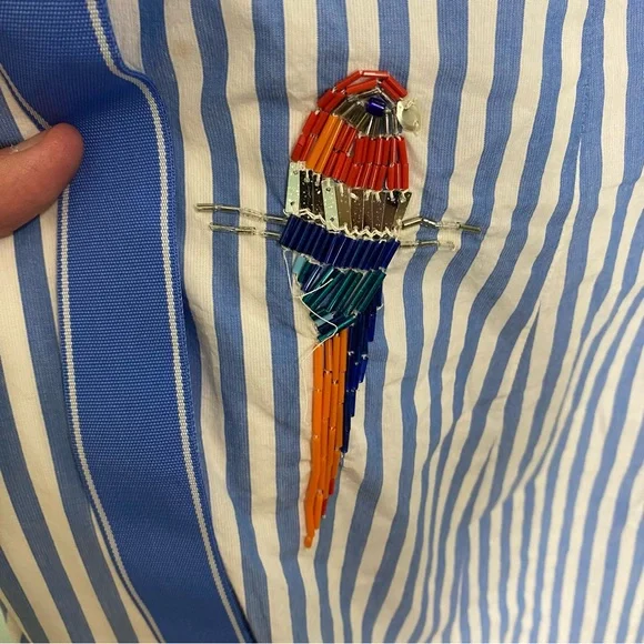 Anthropologie Maeve Tie Back A Line Maxi Dress Striped Blue Beaded Birds 24W - Picture 15 of 16